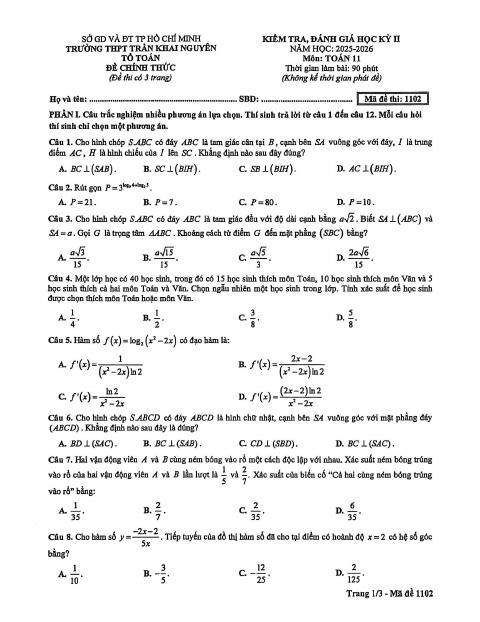 Đề thi Học kì 2 Toán 11 năm 2025-2026 trường THPT Trần Khai Nguyên (TP Hồ Chí Minh)